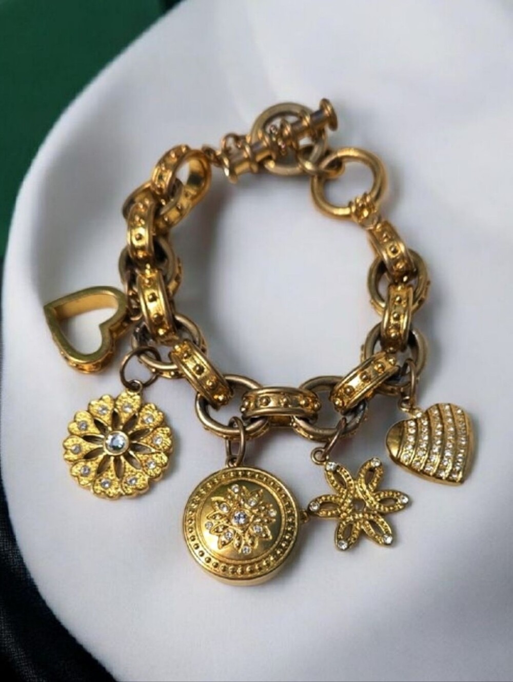 Anne Klein Vintage Gold Tone Charm Bracelet with Heart Watch & Floral Charms - Picture 5 of 15